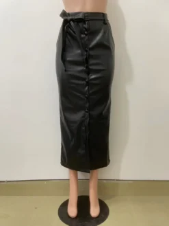 Autumn And Winter Mid-Length Black Pu Buckle Slit Casual Leather Skirt With Belt -Women Fashion Shop 62f0490622a1e633