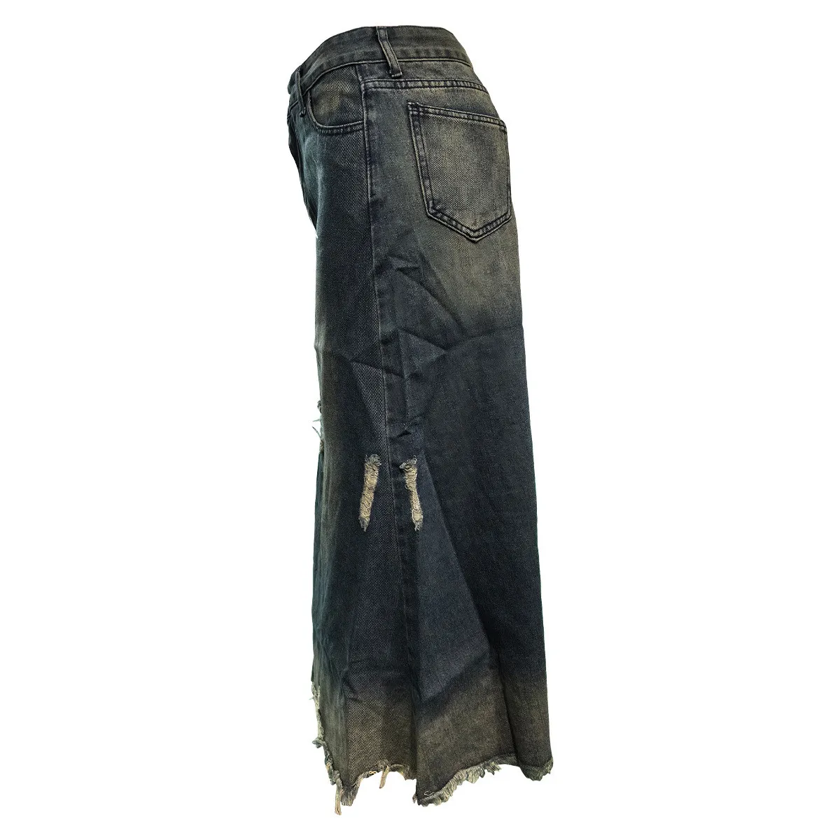 Pocket Distressed Ripped Straight Fit Loose Denim Skirt 6 Pocket Distressed Ripped Straight Fit Loose Denim Skirt - Image 4
