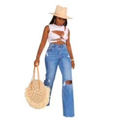 Women Ripped Denim Washed Wide Leg Straight Pants