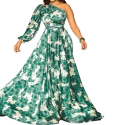 Women's Fall Slash Shoulder Long Sleeve Print Plump Maxi Dress Dress -Women Fashion Shop 659719275ebe8ace