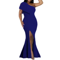 Women Sexy Solid Slash Shoulder Slit Dress -Women Fashion Shop 6690067e7f5799a7