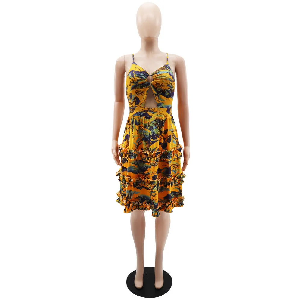 Women Deep V Sexy Camisole Ruffle Edge Print Backless Dress 14 Women Deep V Sexy Camisole Ruffle Edge Print Backless Dress - Image 12