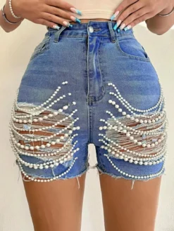 Women's Summer High Waist Slim Fit Beaded Ripped Denim Shorts -Women Fashion Shop 673c2af66d60f1e8