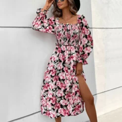 Autumn French Women's Low Back Long Sleeve Square Neck Foral Printed Slit Dress -Women Fashion Shop 688ab4fd57c8dc78