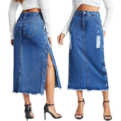 Women Rivet Stretch Denim Long Skirt -Women Fashion Shop 6924a14d2517189d