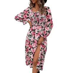 Autumn French Women's Low Back Long Sleeve Square Neck Foral Printed Slit Dress -Women Fashion Shop 693f16e7de28b779