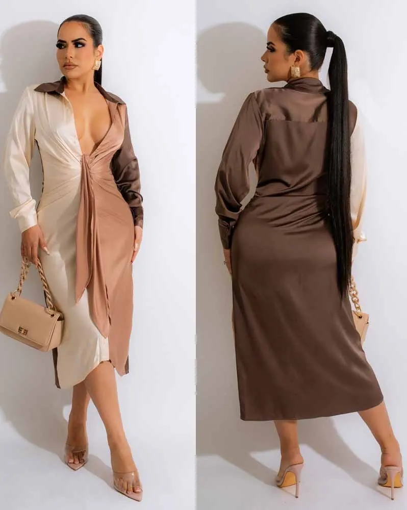 Women's Sexy Solid Color Patchwork Lace-Up V-Neck Long Sleeve Dress 4 Women's Sexy Solid Color Patchwork Lace-Up V-Neck Long Sleeve Dress - Image 2