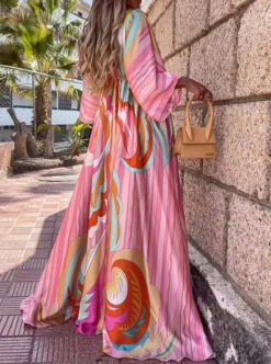Autumn Print V-Neck Bat Sleeves Drawstrings Long Maxi Dress -Women Fashion Shop 6a8cd6b24655c520