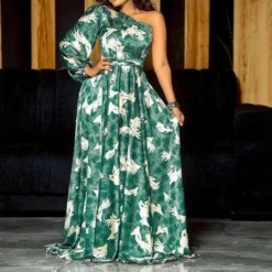 Women's Fall Slash Shoulder Long Sleeve Print Plump Maxi Dress Dress -Women Fashion Shop 6a9cf55ce6423dcf