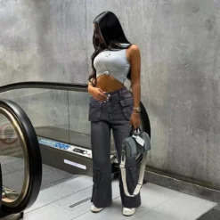 Women Pocket Cargo Trousers Wide Leg Straight Washed Denim Pants -Women Fashion Shop 6dadf63d1bed2dd2