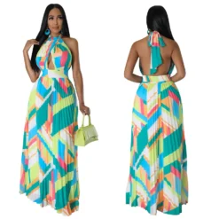 Women Halter Neck Backless Pleated Print Sleeveless Dress -Women Fashion Shop 6db354b8cb0b7e9e