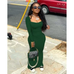 Women'S Sexy Tight Fitting Long Dress Solid Color Elastic Waist Pleated Dress -Women Fashion Shop 6dc360beb9886bc0