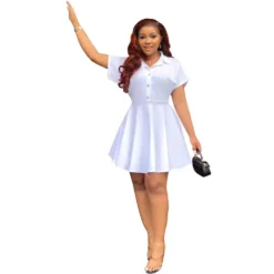 Polo Collar Button Up High Waist A-line Summer Short-sleeved Dress -Women Fashion Shop 7023cc04cd48a0f1