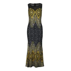 Women's Elegant Fashion Mesh Patchwork Sleeveless Printed Long Dress -Women Fashion Shop 7139fe4b75b14a01