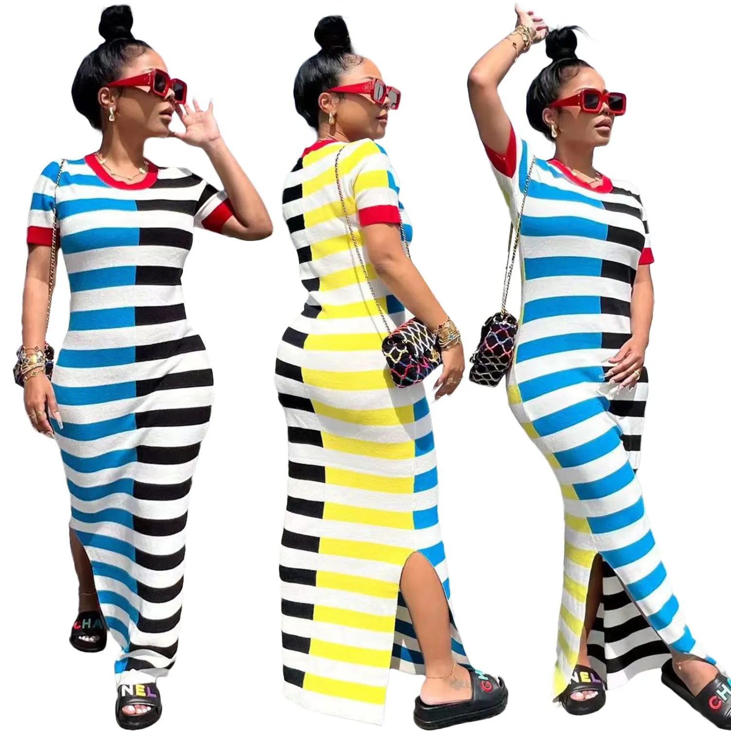 Women Round Neck Short Sleeve Slit Patchwork Striped Dress 3 Women Round Neck Short Sleeve Slit Patchwork Striped Dress