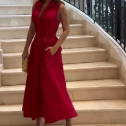 Women Autumn Solid Turndown Collar Pleated Sleeveless Dress -Women Fashion Shop 7284219b7ec5a0ec