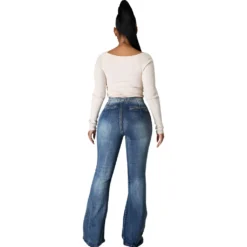 Trendy Patchwork Washed Denim Stretch Slim Bell Bottom Pants Flared Jeans -Women Fashion Shop 7299a770a2f05b1d