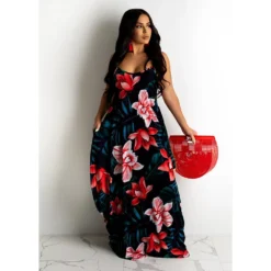 Summer Ladies Floral Print Loose Strap Dress Maxi Dress -Women Fashion Shop 72fe2f14164e3486