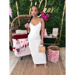 Women's Summer Kardashian Invisible Transparent Suspender Solid Color Long Dress -Women Fashion Shop 743f3e49e6872539