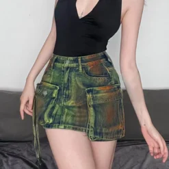 Distressed Multi-Pocket High-Waist Denim Mini Skirt Asymmetrical Leg-Length A-Line Skirt -Women Fashion Shop 747ad3ef0cc58db9
