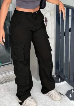Street Multi-Pocket Solid Color Loose Straight Denim Cargo Pants -Women Fashion Shop 74cec85529fb0e53