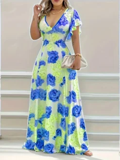 Summer Printed V-Neck Short-Sleeved Maxi Dress