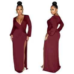 Autumn Long Sleeve V-Neck Solid Color Sexy Slit Long Dress -Women Fashion Shop 74f7b228a227944f
