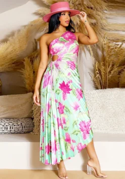 Women Printed Slash Shoulder Pleated Dress -Women Fashion Shop 760926ebab7c5782