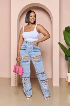 Women's Summer Loose High Waist Wide Leg Ripped Denim Pants Casual Jeans -Women Fashion Shop 77f8a65be45194d6