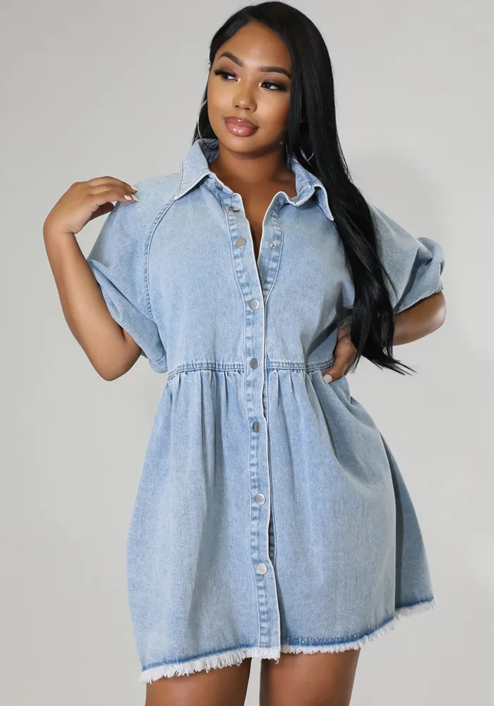 Women Casual Turndown Collar Short Sleeve Denim Shirt Dress 4 Women Casual Turndown Collar Short Sleeve Denim Shirt Dress - Image 2