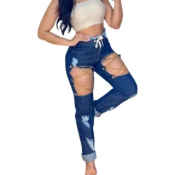 Women's Spring Fashion Style Waist Lace-Up Casual Denim Pants -Women Fashion Shop 78b68f75efac7f02