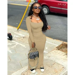 Women'S Sexy Tight Fitting Long Dress Solid Color Elastic Waist Pleated Dress -Women Fashion Shop 7958eb93fee6122c