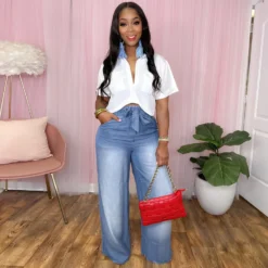 Women Casual Lace Wide Leg Denim Pants With Belt -Women Fashion Shop 79b583720a1ed96d