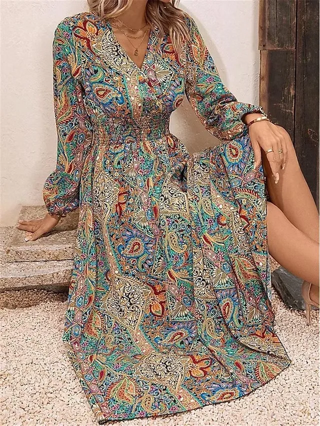 Women Fall And Winter V-neck Printed Long-sleeved Dress 4 Women Fall And Winter V-neck Printed Long-sleeved Dress - Image 2