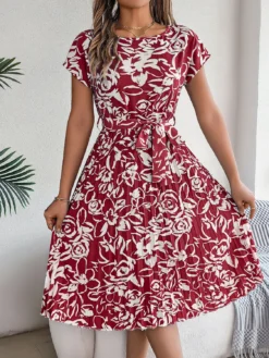 Spring Summer Elegant Floral Short-Sleeved Casual Belt Pleated Dress -Women Fashion Shop 7b5119f4b2d7e2b5