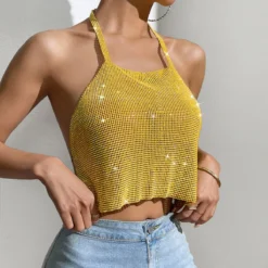 Sexy Nightclub Metallic Sparkling Diamonds Low Back Square Neck Camisole -Women Fashion Shop 7b626d854cfafa79