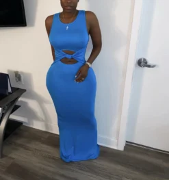 Sexy Women's Solid Color Sleeveless Cutout Women's Long Dress -Women Fashion Shop 7c07f23250ff72bd