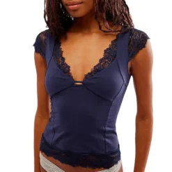 Lace Trim Short-Sleeved Deep V Neck Sexy T-Shirt Top -Women Fashion Shop 7c71d4f811144ca3