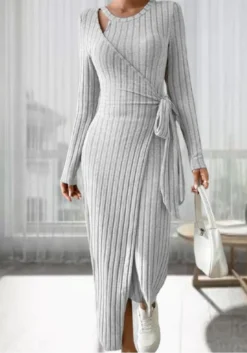 Women Long Sleeve Bodycon Dress With Bow Tie At Waist -Women Fashion Shop 7c749135fd82699c