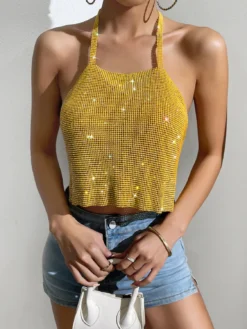 Sexy Nightclub Metallic Sparkling Diamonds Low Back Square Neck Camisole -Women Fashion Shop 7c88f67915c61de0