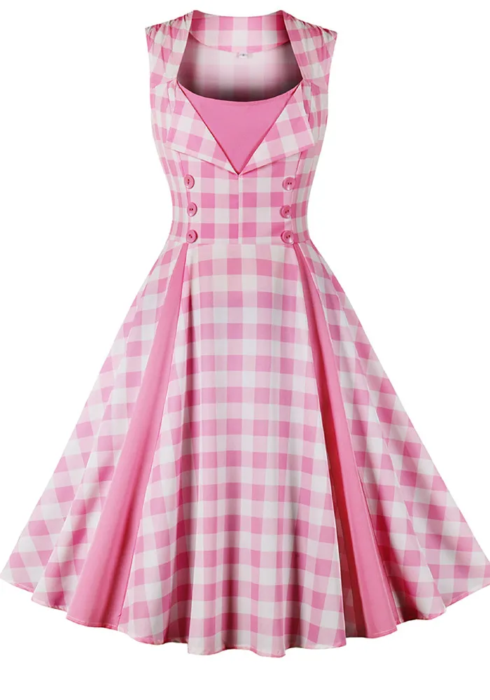 Women's Slim Waist Patchwork Sleeveless Pink Plaid Vintage A-Line Swing Dress 6 Women's Slim Waist Patchwork Sleeveless Pink Plaid Vintage A-Line Swing Dress - Image 4