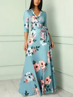 Autumn Three Quarter Sleeve Floral Printed Women's V Neck Maxi Dress -Women Fashion Shop 7cdf91f4b357965c