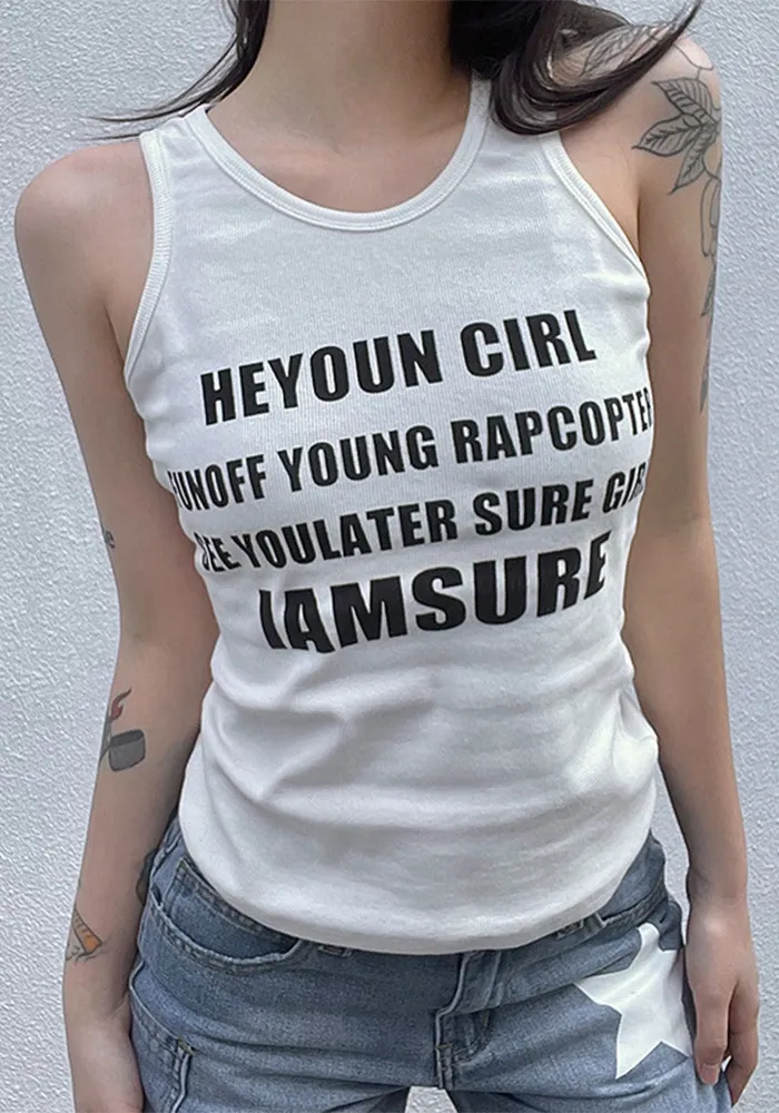 Letter Print White Camisole Women Outdoor Wear Basic Pullover Round Neck Slim Fit Basic Top 4 Letter Print White Camisole Women Outdoor Wear Basic Pullover Round Neck Slim Fit Basic Top - Image 2