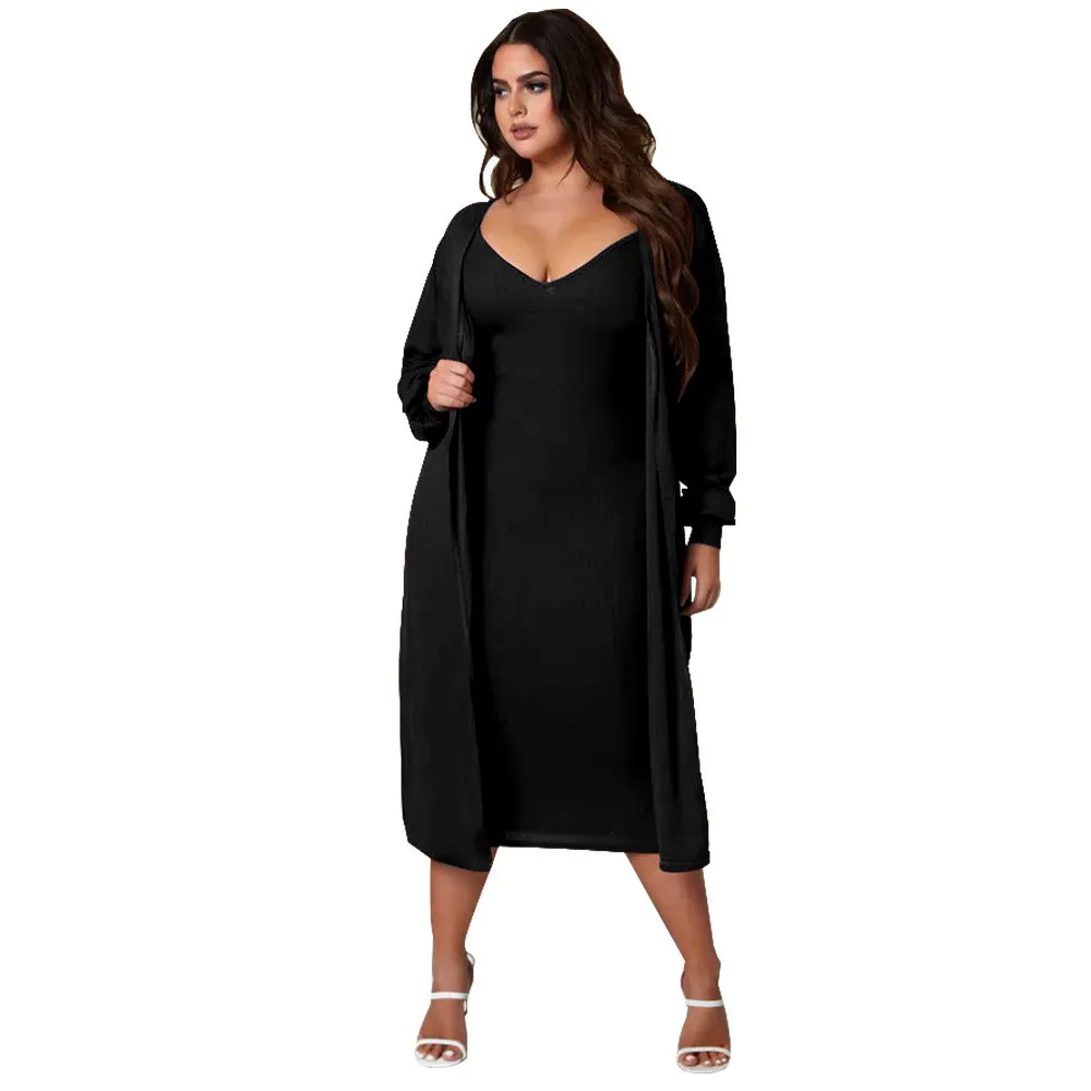 Women's Fall Ribbed V-Neck Long Sleeve Solid Casual Two Piece Dress Suit 7 Women's Fall Ribbed V-Neck Long Sleeve Solid Casual Two Piece Dress Suit - Image 5