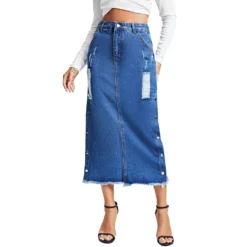 Women Rivet Stretch Denim Long Skirt -Women Fashion Shop 7fb173dfba5a2248