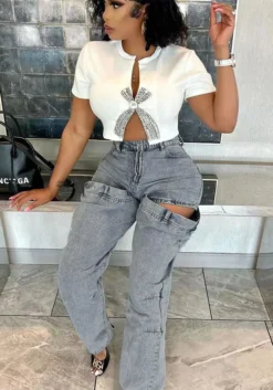 Fashionable Women's Clothing Stretch Casual Hollow Denim Pants -Women Fashion Shop 80ad03b145fc35b0