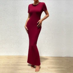 Women Elegant Solid Round Neck Short Sleeve Dress -Women Fashion Shop 80fcc8082ab20feb