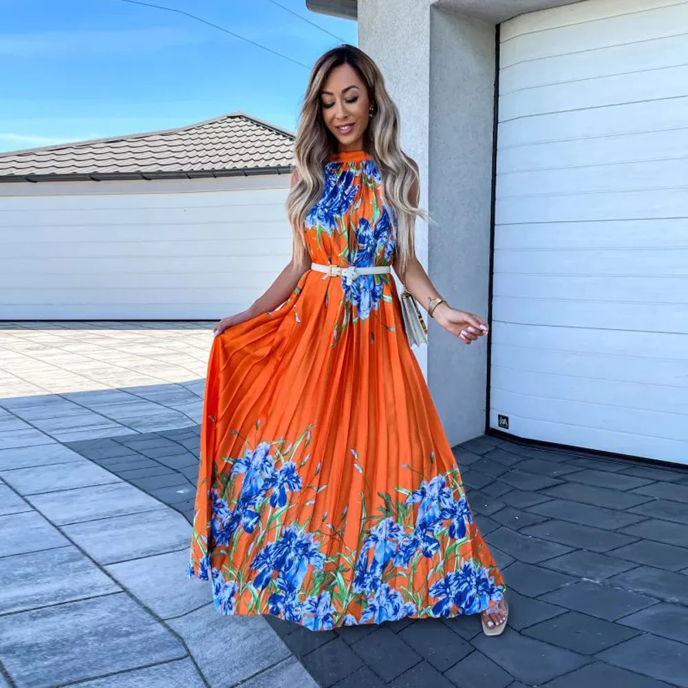 Summer Women's Fashion Print Halter Neck Sleeveless Pleated Swing Dress 5 Summer Women's Fashion Print Halter Neck Sleeveless Pleated Swing Dress - Image 3