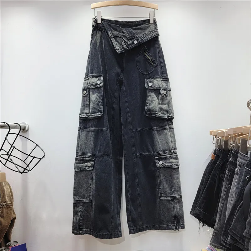 Spring Trendy High Waist Style Pocket Cargo Denim Straight Pants Women's Loose Slim Fit Wide Leg Trousers 5 Spring Trendy High Waist Style Pocket Cargo Denim Straight Pants Women's Loose Slim Fit Wide Leg Trousers - Image 3