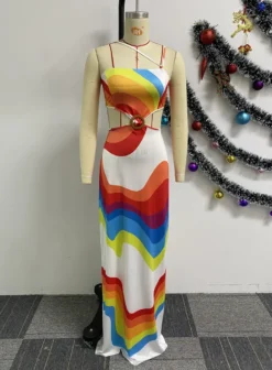 Sexy Printed Patchwork Low Back Hollow Stretch Halter Neck Maxi Dress -Women Fashion Shop 8399c7d0a9951ed9